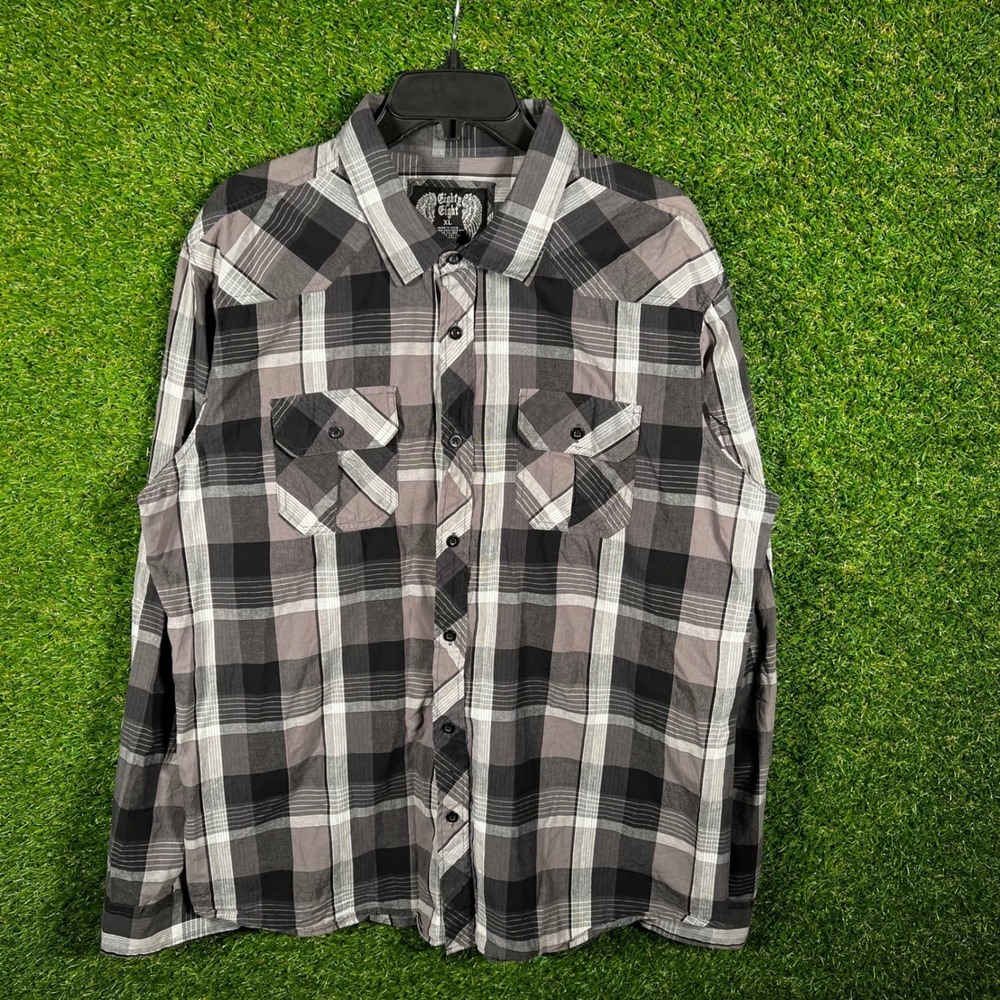 Eighty Eight Mens XL Plaid Western Button Down Shirt Black Grey Long Sleeve Y2K